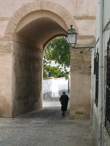 woman walking through arc